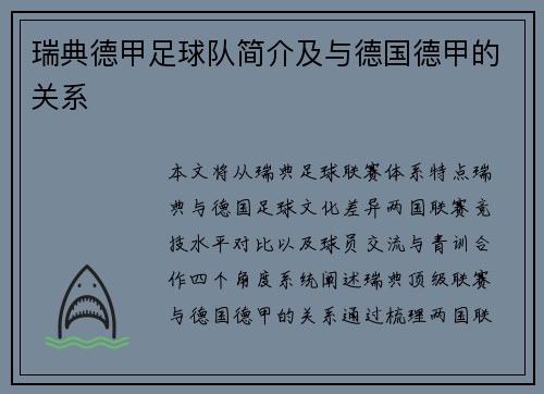 瑞典德甲足球队简介及与德国德甲的关系