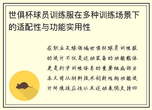 世俱杯球员训练服在多种训练场景下的适配性与功能实用性