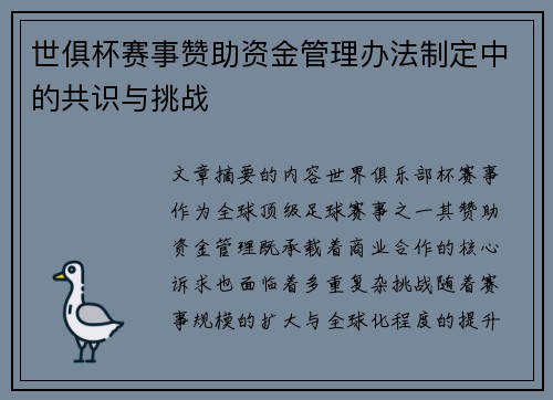 世俱杯赛事赞助资金管理办法制定中的共识与挑战